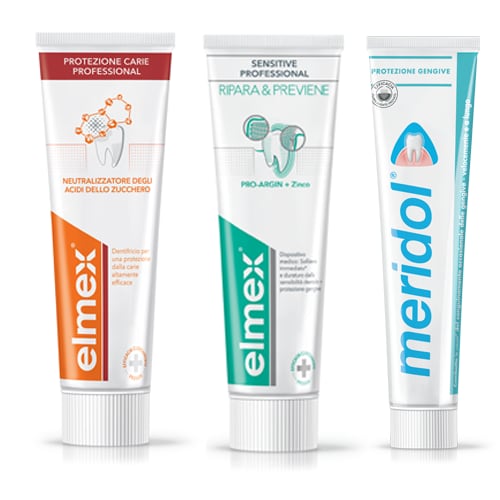 PreviDent toothpaste tube, Colgate total tube, and Colgate Sensitive tube product images